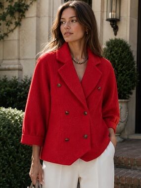 RARE VINTAGE LA FORET Quiet Luxury Minimalist Boiled Wool Red Cropped Pea Coat L